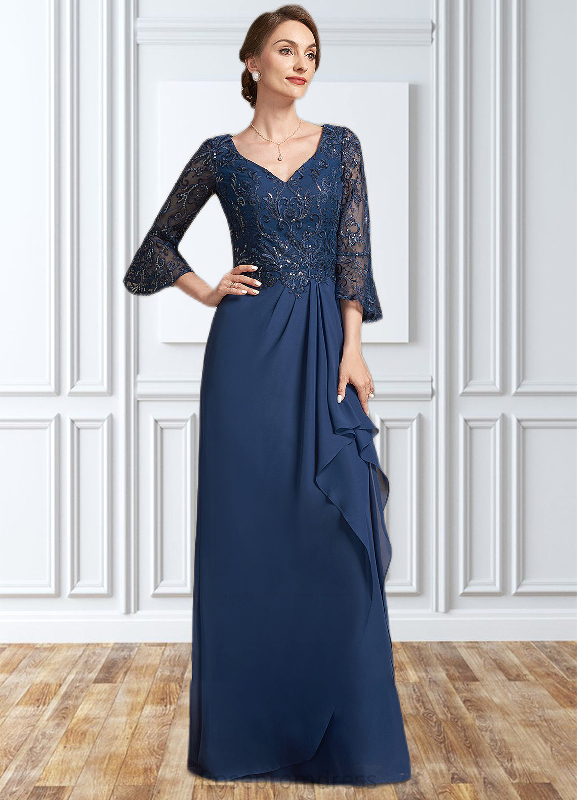 Camila A-Line V-neck Floor-Length Chiffon Lace Mother of the Bride Dress With Sequins Cascading Ruffles SRS126P0014825