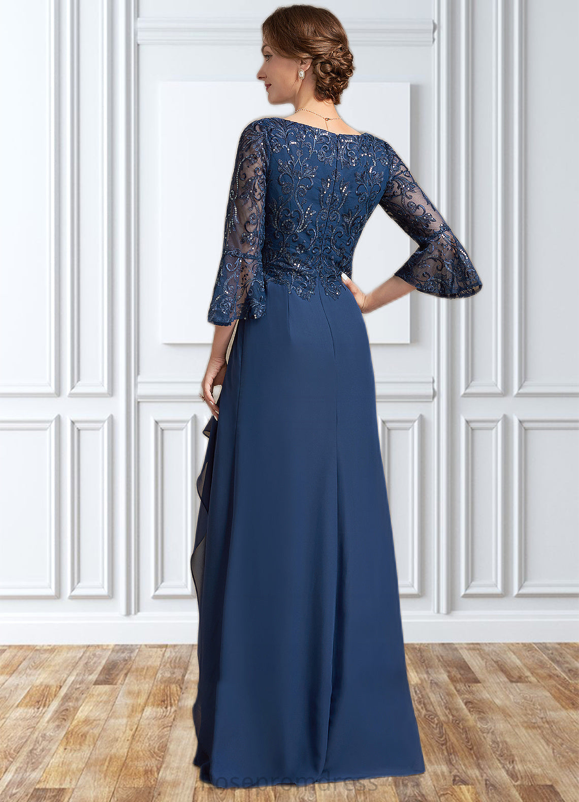 Camila A-Line V-neck Floor-Length Chiffon Lace Mother of the Bride Dress With Sequins Cascading Ruffles SRS126P0014825