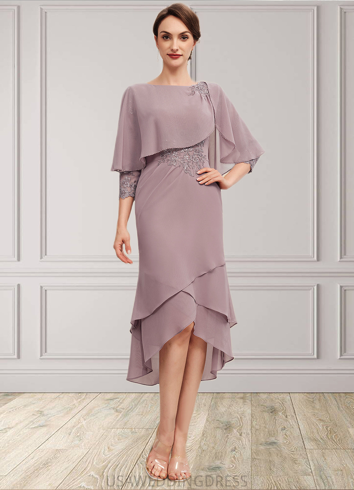Brooklynn Sheath/Column Scoop Neck Asymmetrical Chiffon Mother of the Bride Dress With Ruffle Lace Sequins DS126P0014826