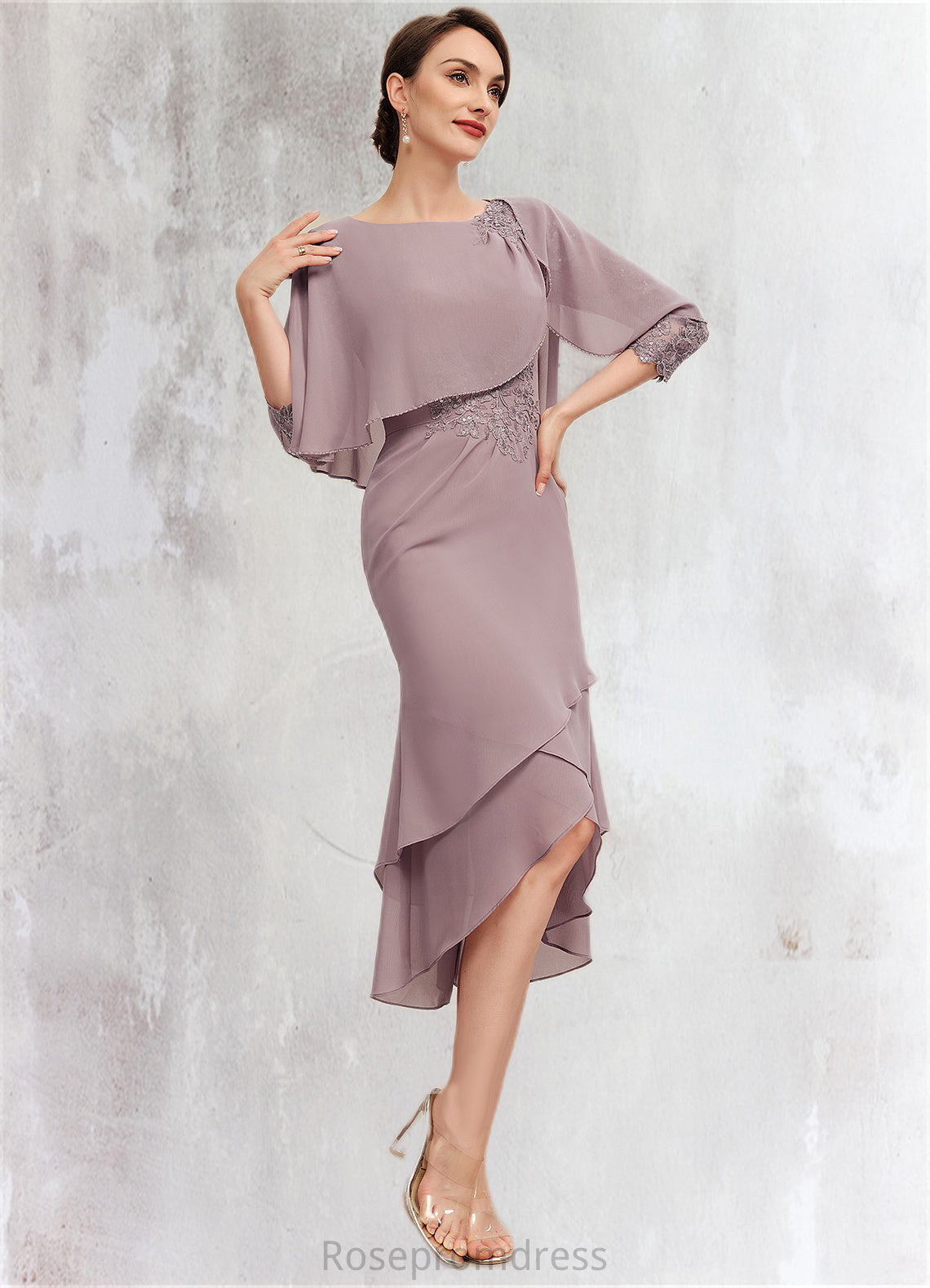 Anabel Sheath/Column Scoop Neck Asymmetrical Chiffon Mother of the Bride Dress With Ruffle Lace Sequins SRS126P0014826