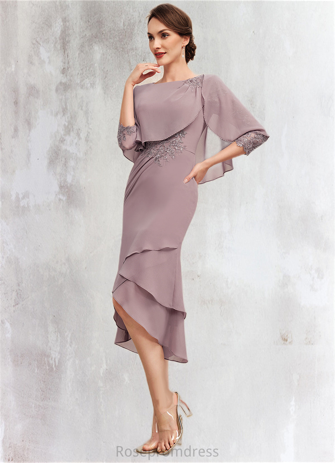 Anabel Sheath/Column Scoop Neck Asymmetrical Chiffon Mother of the Bride Dress With Ruffle Lace Sequins SRS126P0014826