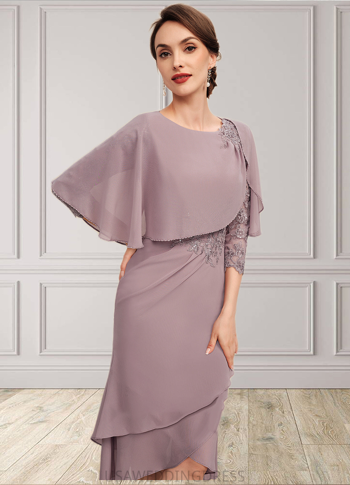 Brooklynn Sheath/Column Scoop Neck Asymmetrical Chiffon Mother of the Bride Dress With Ruffle Lace Sequins DS126P0014826