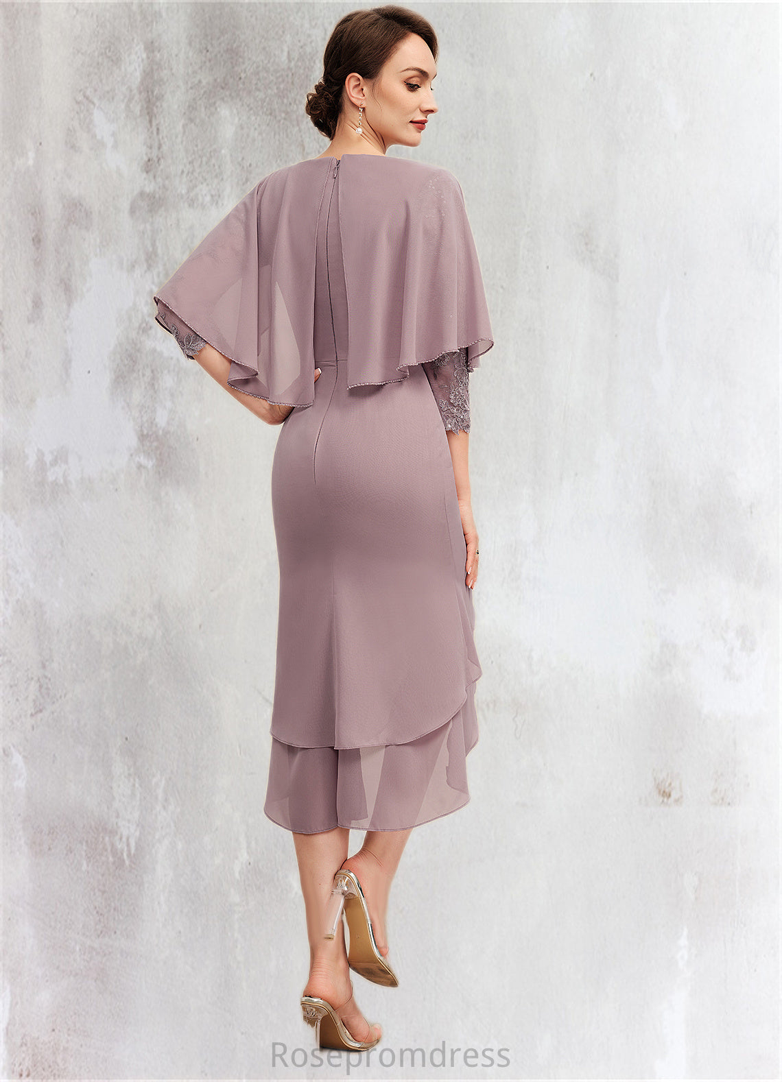 Anabel Sheath/Column Scoop Neck Asymmetrical Chiffon Mother of the Bride Dress With Ruffle Lace Sequins SRS126P0014826