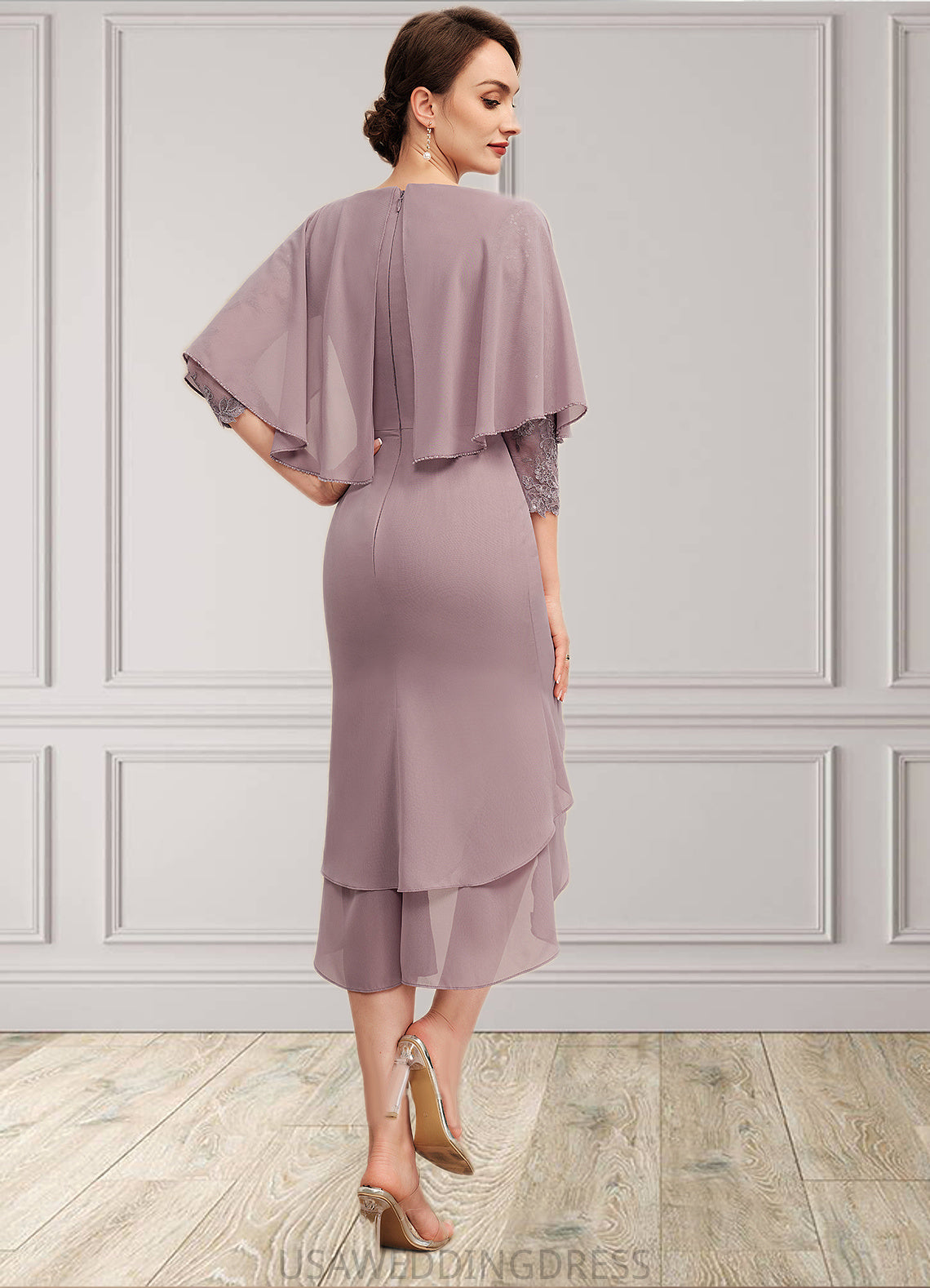 Brooklynn Sheath/Column Scoop Neck Asymmetrical Chiffon Mother of the Bride Dress With Ruffle Lace Sequins DS126P0014826
