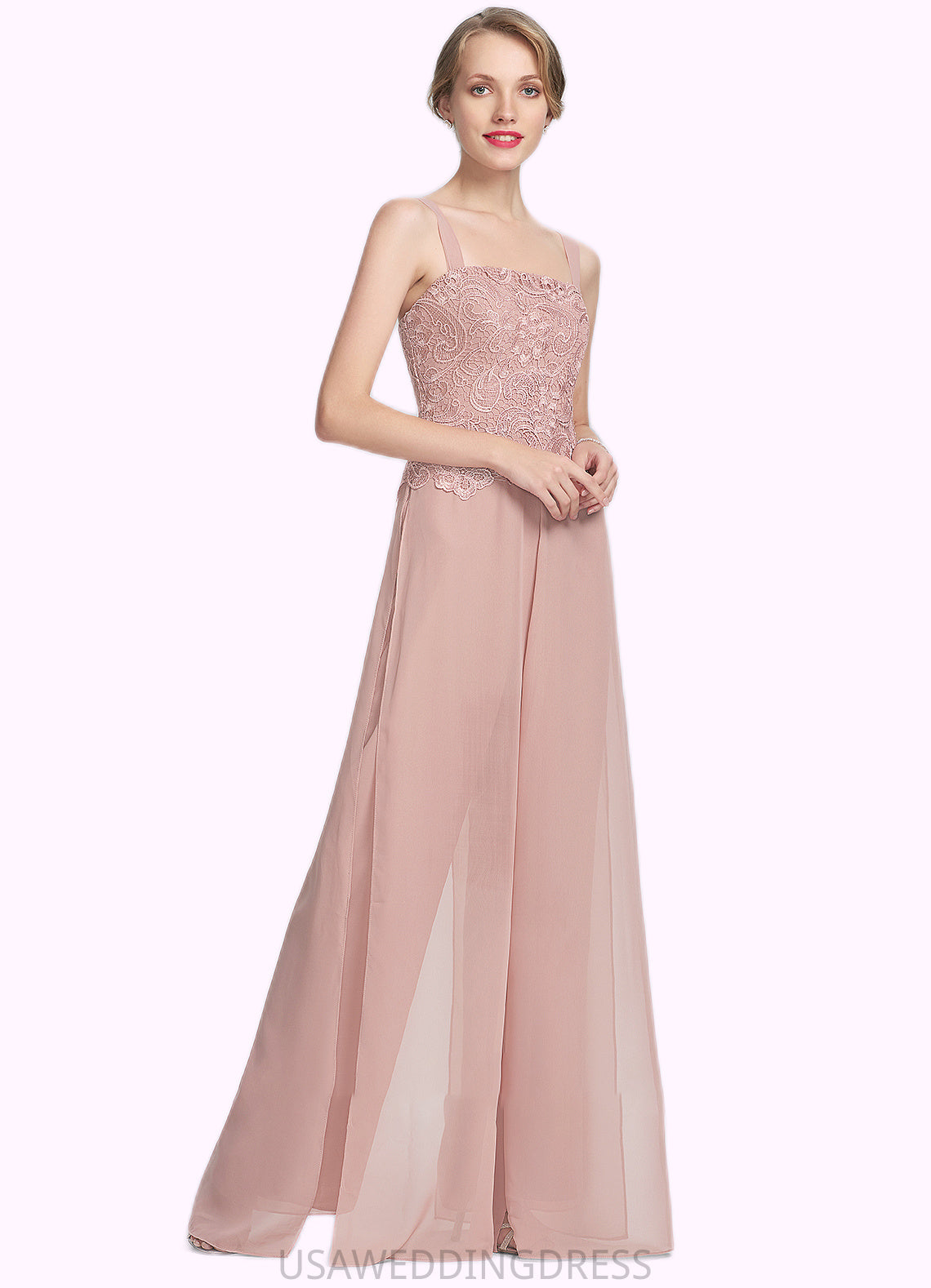 Mignon Jumpsuit/Pantsuit Square Neckline Floor-Length Chiffon Lace Mother of the Bride Dress DS126P0014828