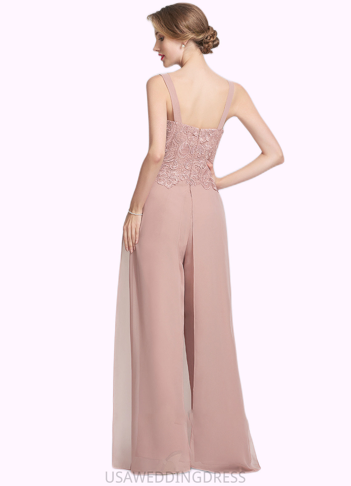 Mignon Jumpsuit/Pantsuit Square Neckline Floor-Length Chiffon Lace Mother of the Bride Dress DS126P0014828