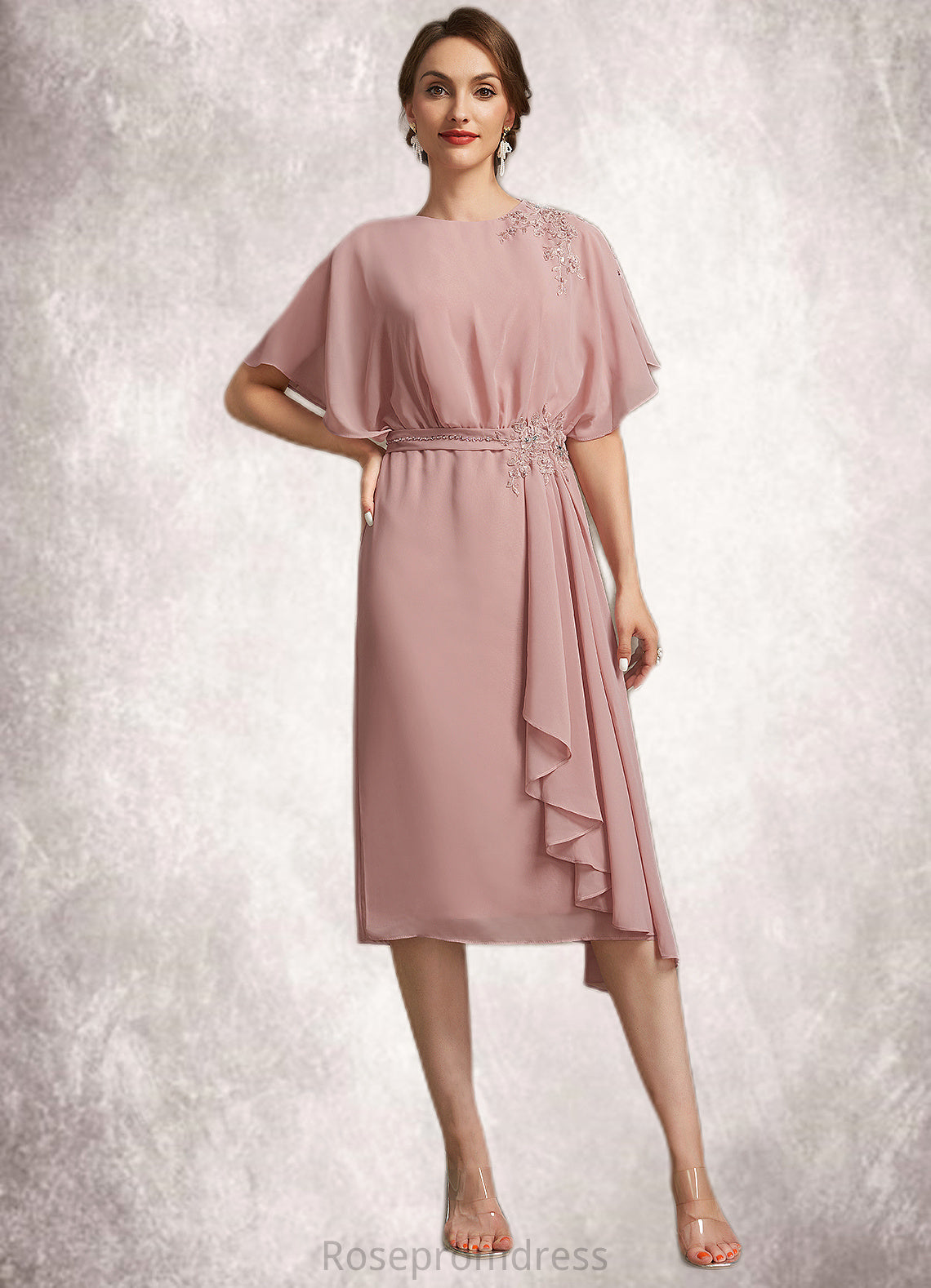 Cheryl Sheath/Column Scoop Neck Knee-Length Chiffon Mother of the Bride Dress With Appliques Lace SRS126P0014829