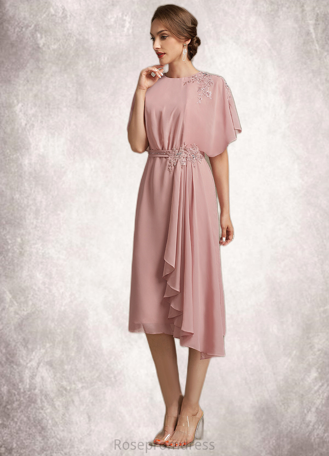 Cheryl Sheath/Column Scoop Neck Knee-Length Chiffon Mother of the Bride Dress With Appliques Lace SRS126P0014829