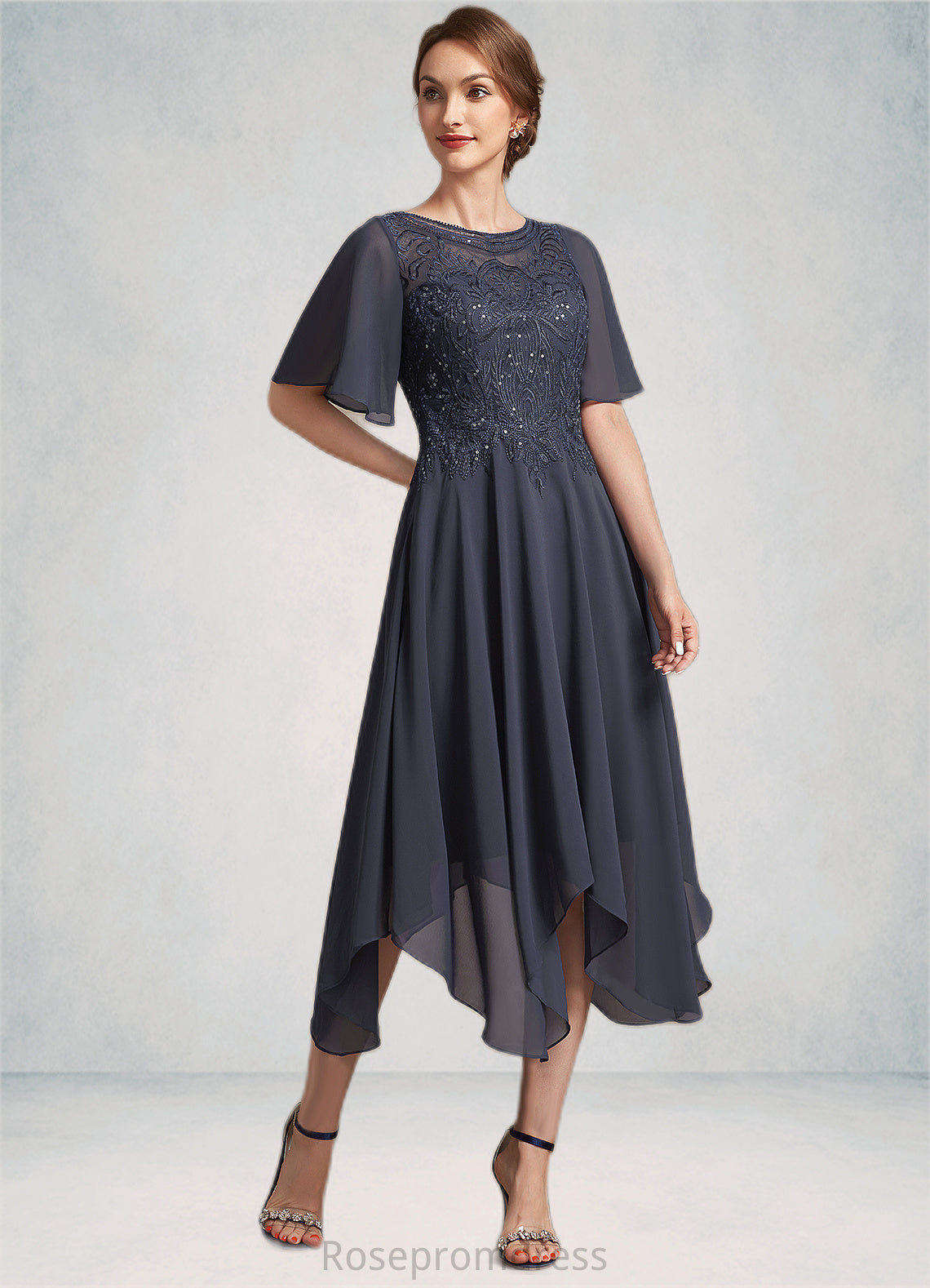 Gertrude A-Line Scoop Neck Tea-Length Chiffon Lace Mother of the Bride Dress With Sequins SRS126P0014830