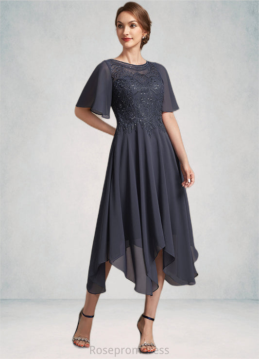 Gertrude A-Line Scoop Neck Tea-Length Chiffon Lace Mother of the Bride Dress With Sequins SRS126P0014830