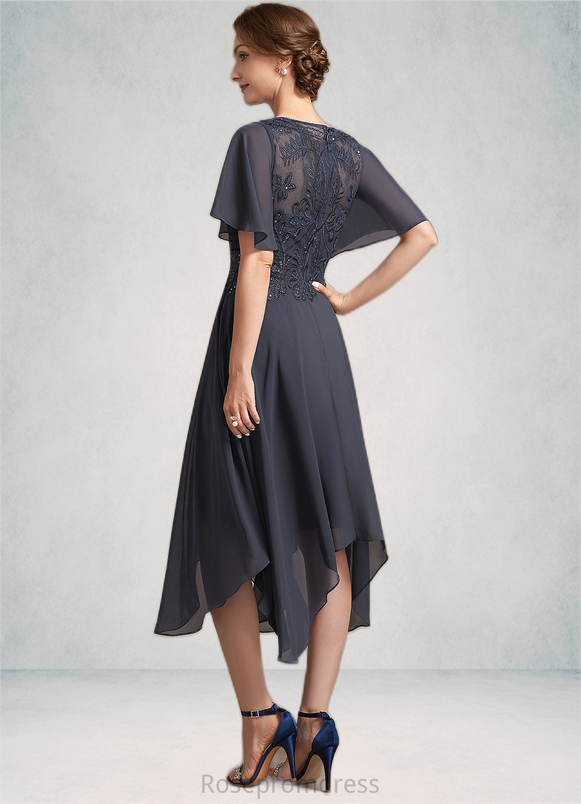 Gertrude A-Line Scoop Neck Tea-Length Chiffon Lace Mother of the Bride Dress With Sequins SRS126P0014830