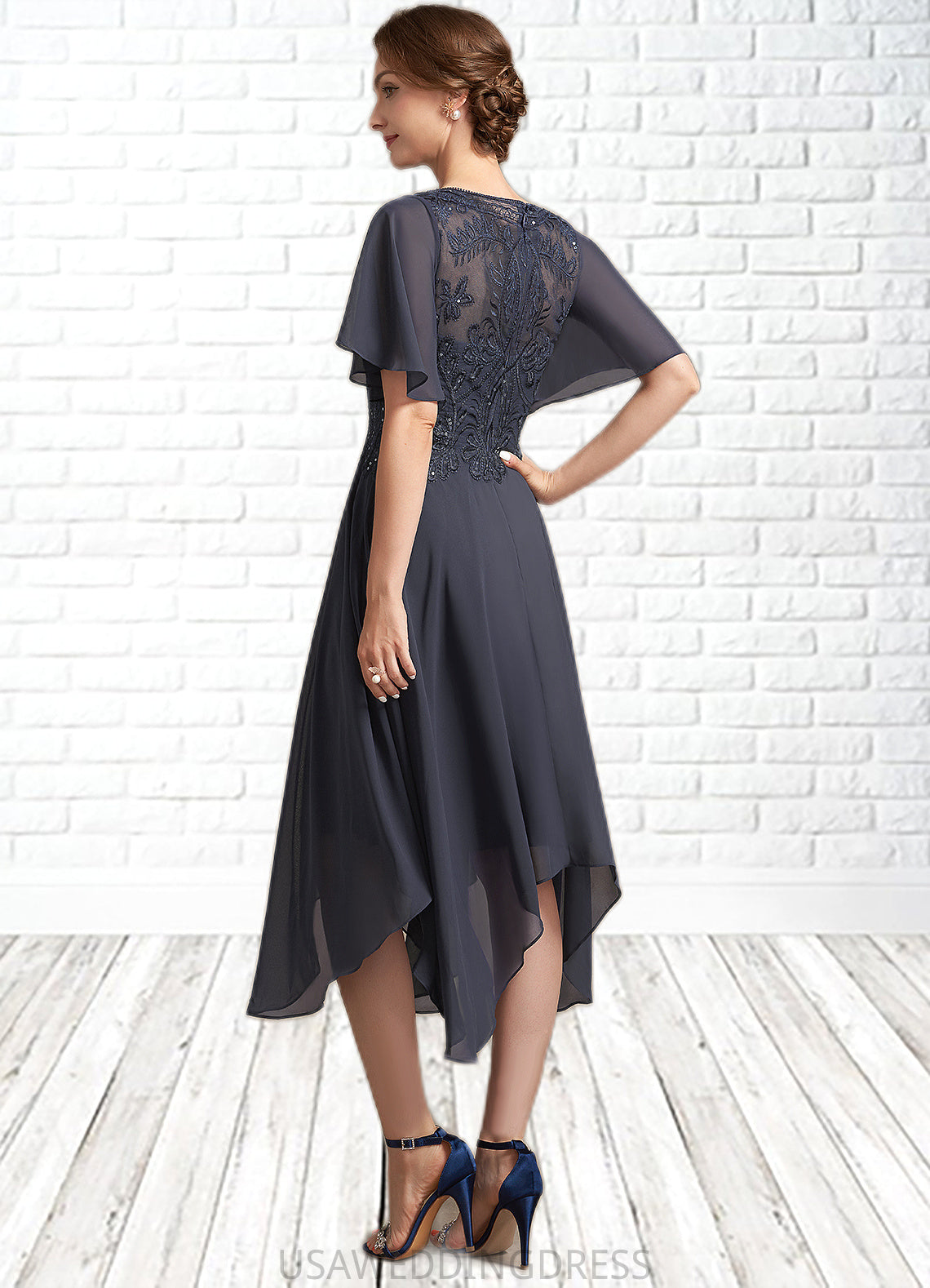 Kayleigh A-Line Scoop Neck Tea-Length Chiffon Lace Mother of the Bride Dress With Sequins DS126P0014830