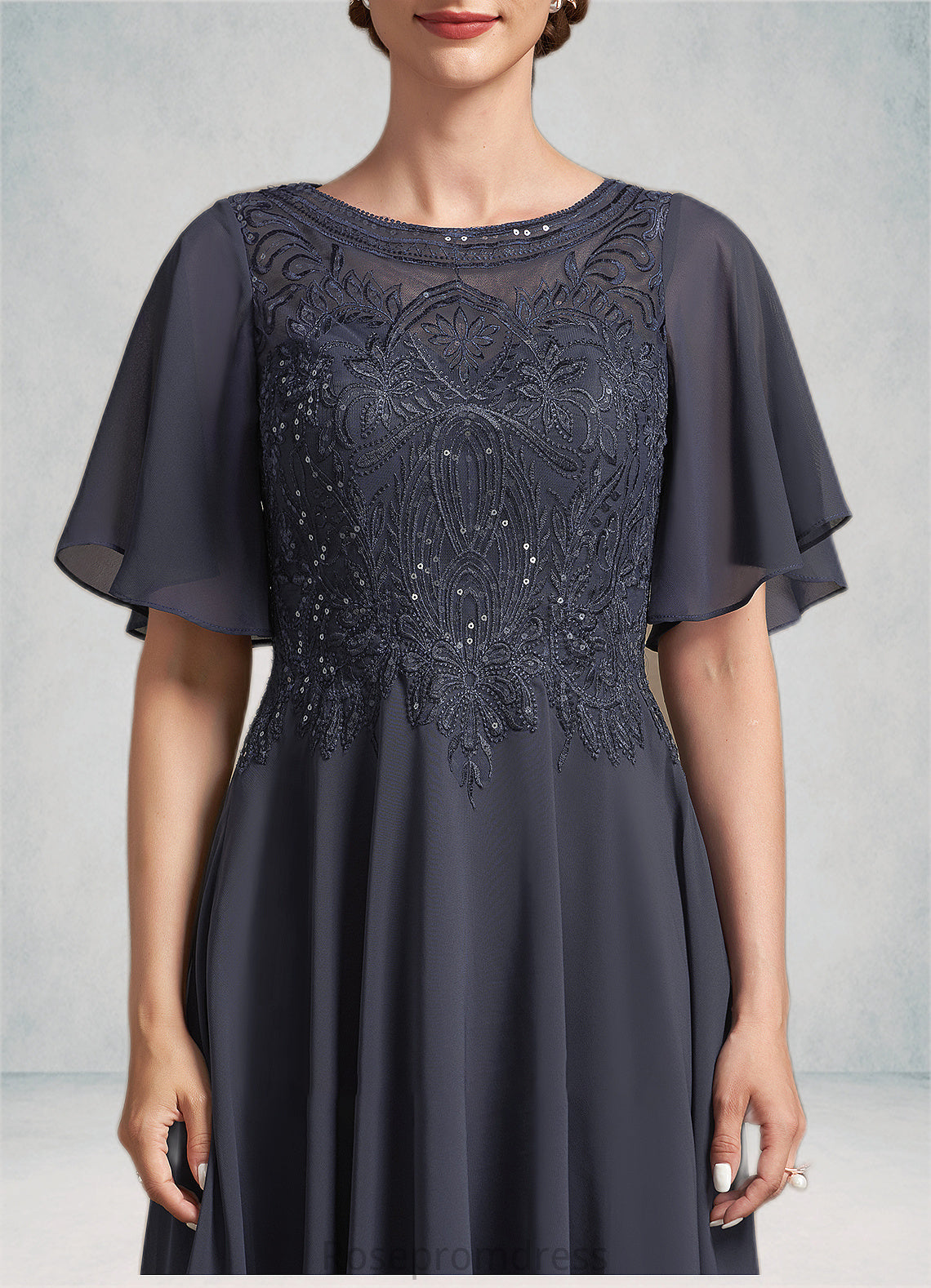 Gertrude A-Line Scoop Neck Tea-Length Chiffon Lace Mother of the Bride Dress With Sequins SRS126P0014830