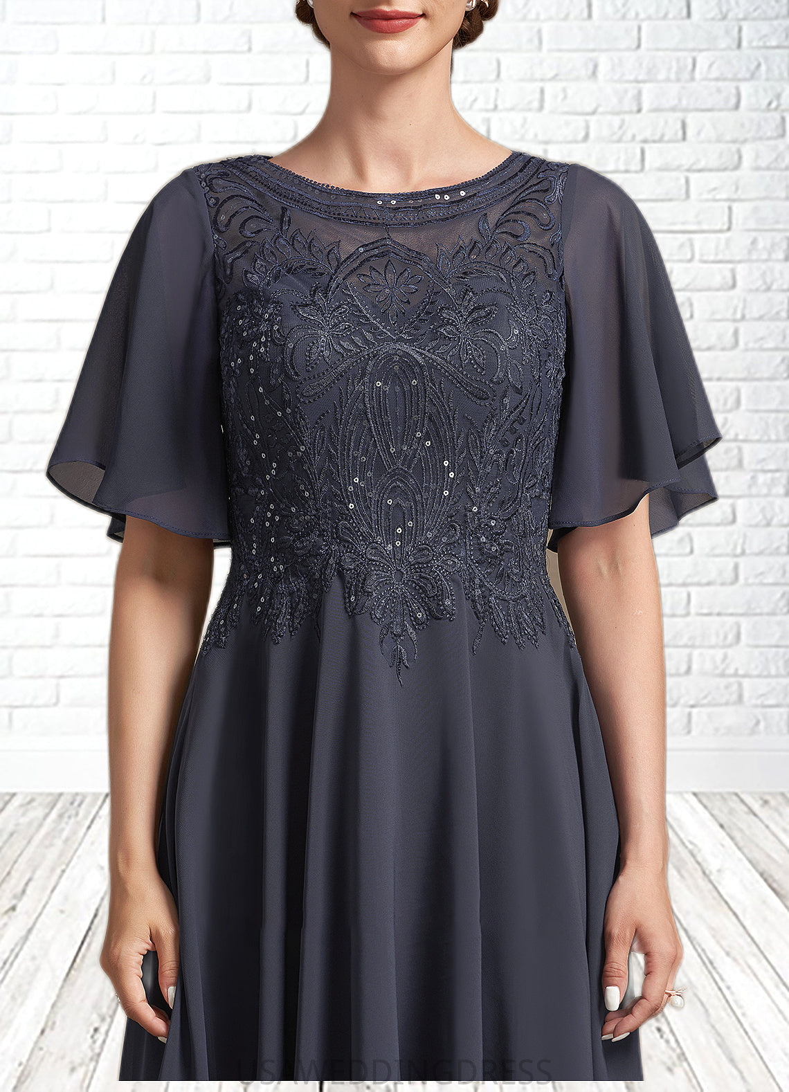 Kayleigh A-Line Scoop Neck Tea-Length Chiffon Lace Mother of the Bride Dress With Sequins DS126P0014830