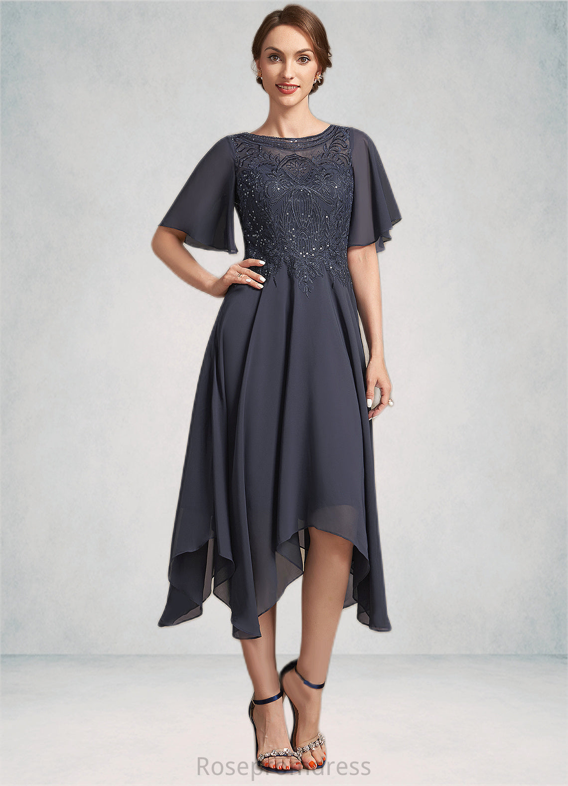 Gertrude A-Line Scoop Neck Tea-Length Chiffon Lace Mother of the Bride Dress With Sequins SRS126P0014830