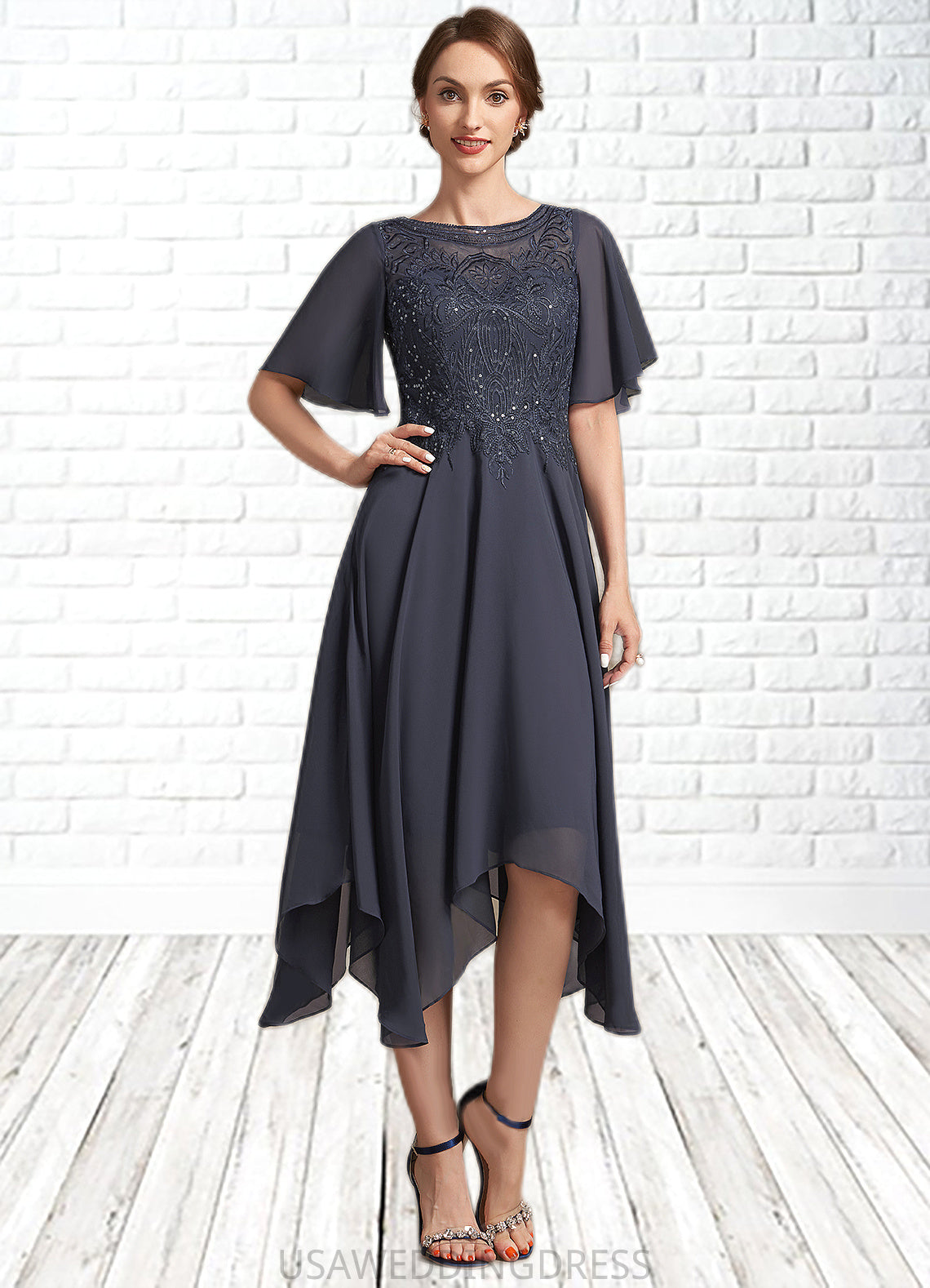 Kayleigh A-Line Scoop Neck Tea-Length Chiffon Lace Mother of the Bride Dress With Sequins DS126P0014830