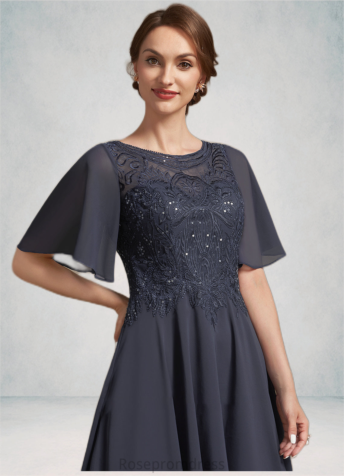 Gertrude A-Line Scoop Neck Tea-Length Chiffon Lace Mother of the Bride Dress With Sequins SRS126P0014830
