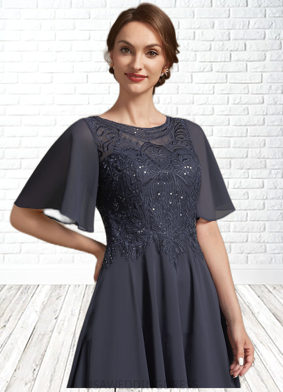 Kayleigh A-Line Scoop Neck Tea-Length Chiffon Lace Mother of the Bride Dress With Sequins DS126P0014830