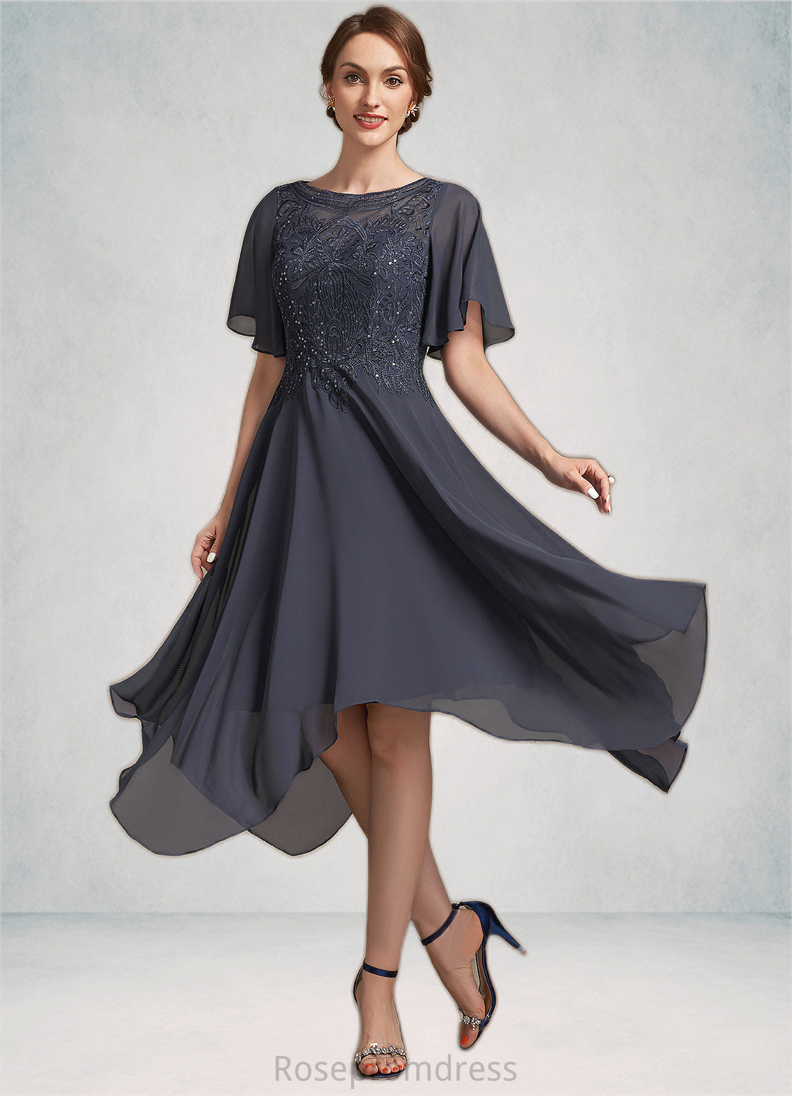 Gertrude A-Line Scoop Neck Tea-Length Chiffon Lace Mother of the Bride Dress With Sequins SRS126P0014830