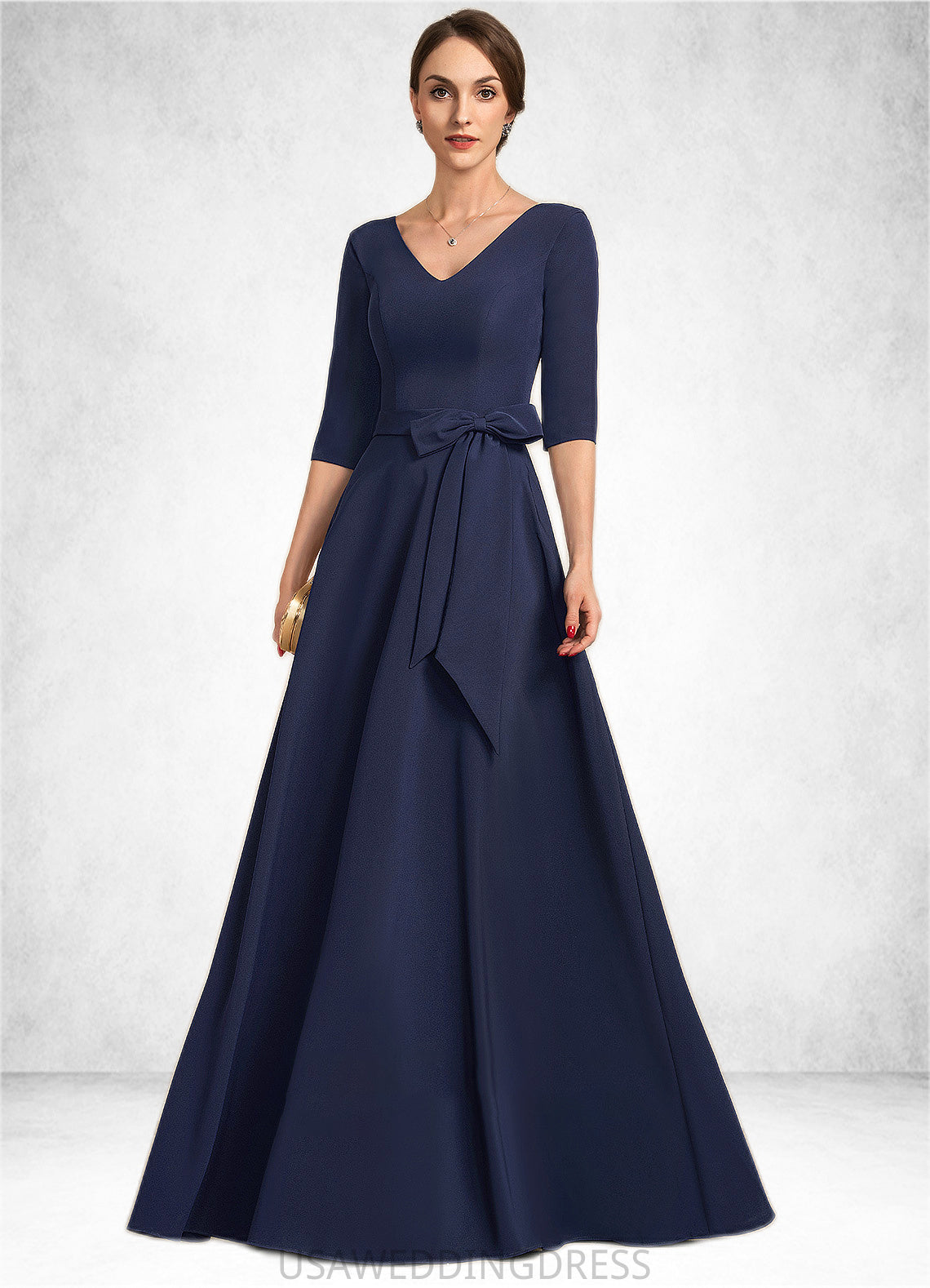 Jordyn A-Line V-neck Floor-Length Stretch Crepe Mother of the Bride Dress With Bow(s) DS126P0014831