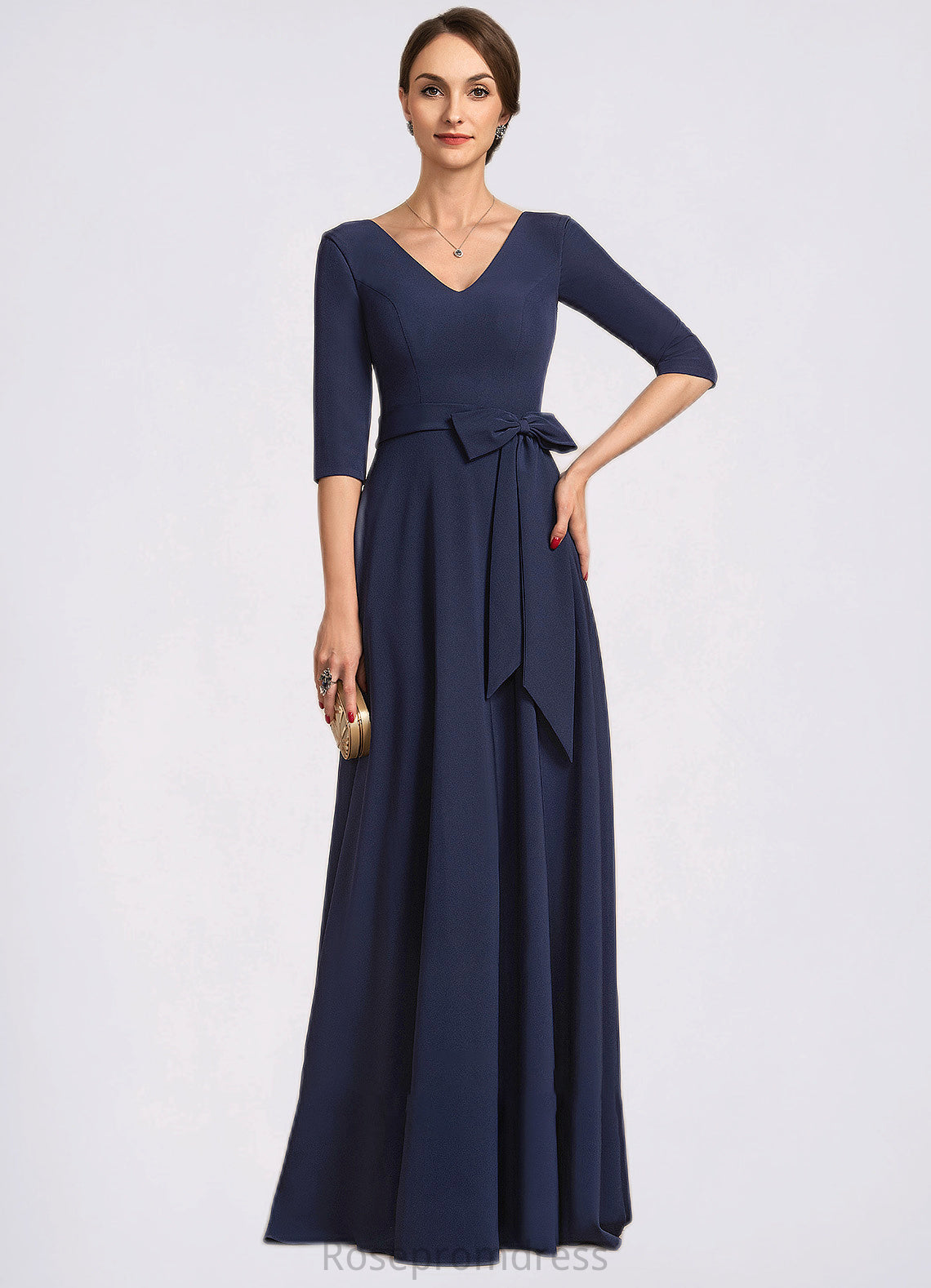 Heidy A-Line V-neck Floor-Length Stretch Crepe Mother of the Bride Dress With Bow(s) SRS126P0014831