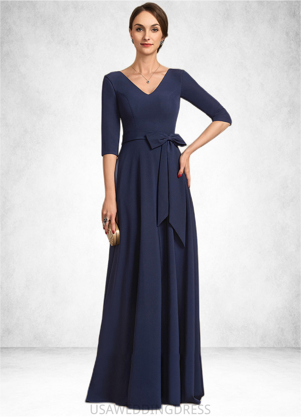 Jordyn A-Line V-neck Floor-Length Stretch Crepe Mother of the Bride Dress With Bow(s) DS126P0014831