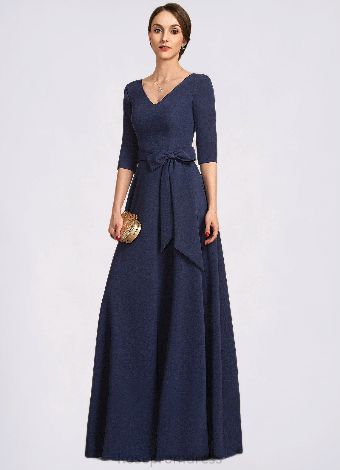 Heidy A-Line V-neck Floor-Length Stretch Crepe Mother of the Bride Dress With Bow(s) SRS126P0014831