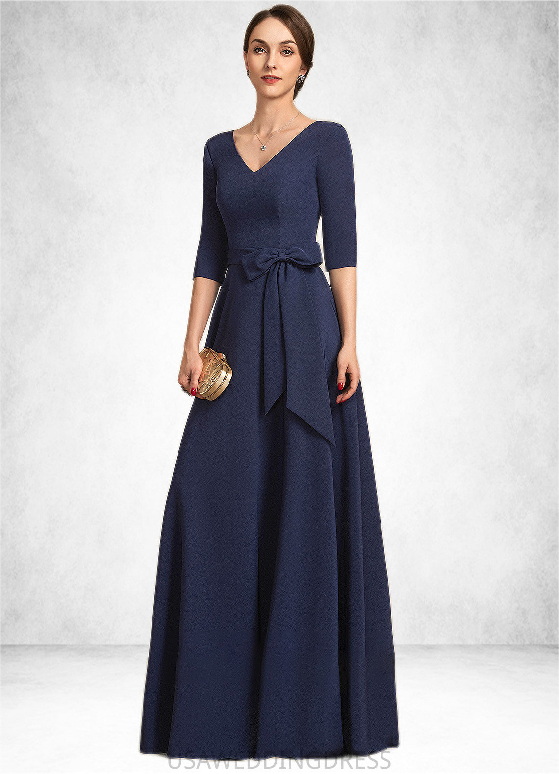 Jordyn A-Line V-neck Floor-Length Stretch Crepe Mother of the Bride Dress With Bow(s) DS126P0014831