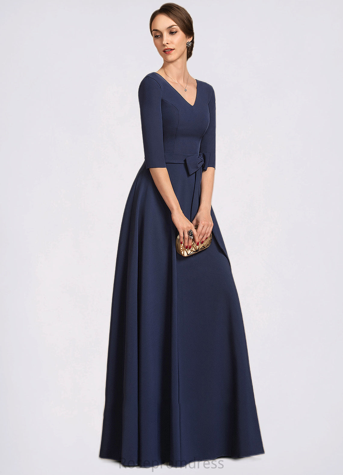 Heidy A-Line V-neck Floor-Length Stretch Crepe Mother of the Bride Dress With Bow(s) SRS126P0014831