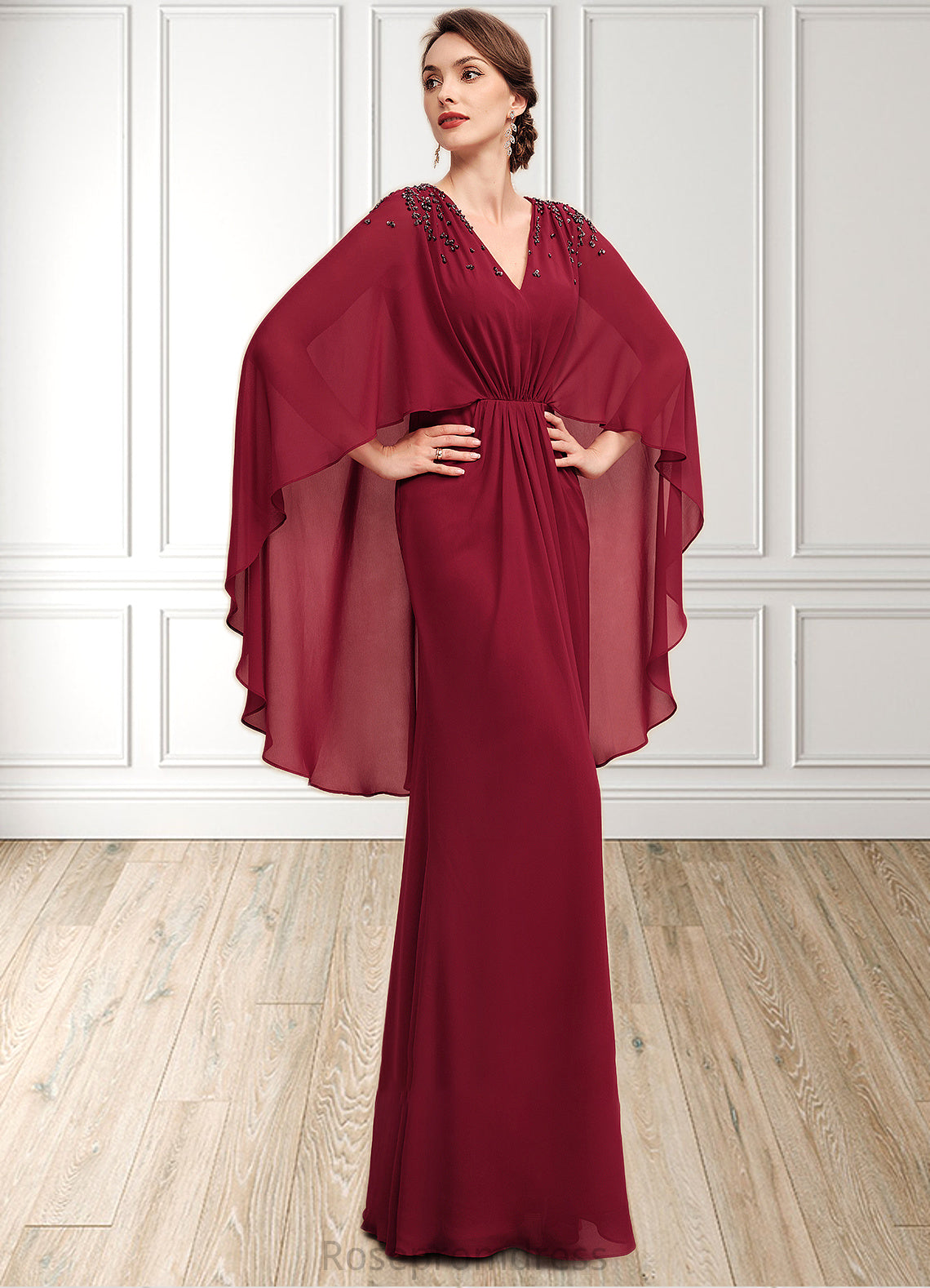 Mariana A-Line V-neck Floor-Length Chiffon Mother of the Bride Dress With Ruffle Beading Sequins SRS126P0014833