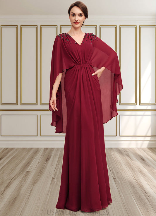 Paityn A-Line V-neck Floor-Length Chiffon Mother of the Bride Dress With Ruffle Beading Sequins DS126P0014833