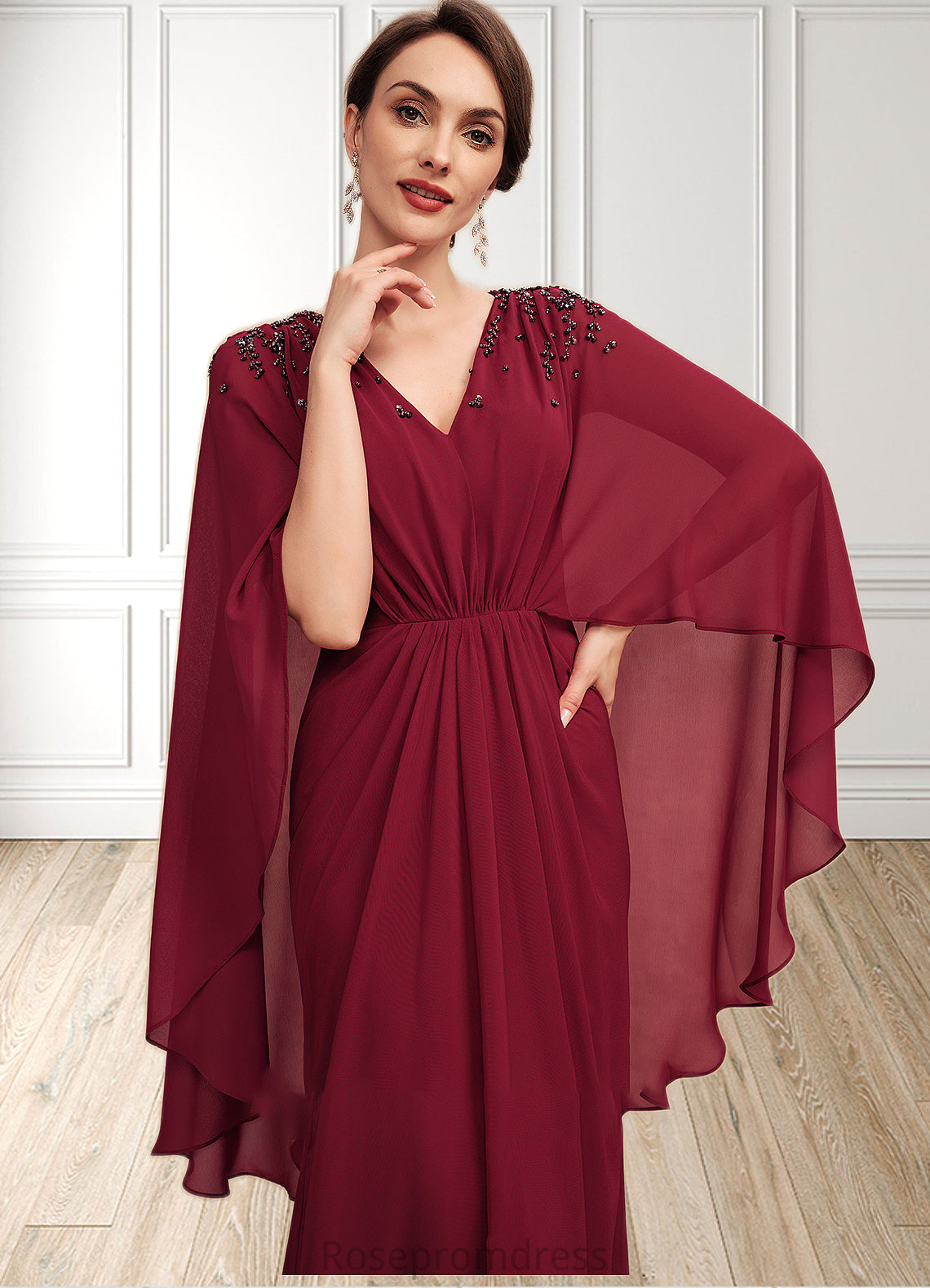 Mariana A-Line V-neck Floor-Length Chiffon Mother of the Bride Dress With Ruffle Beading Sequins SRS126P0014833