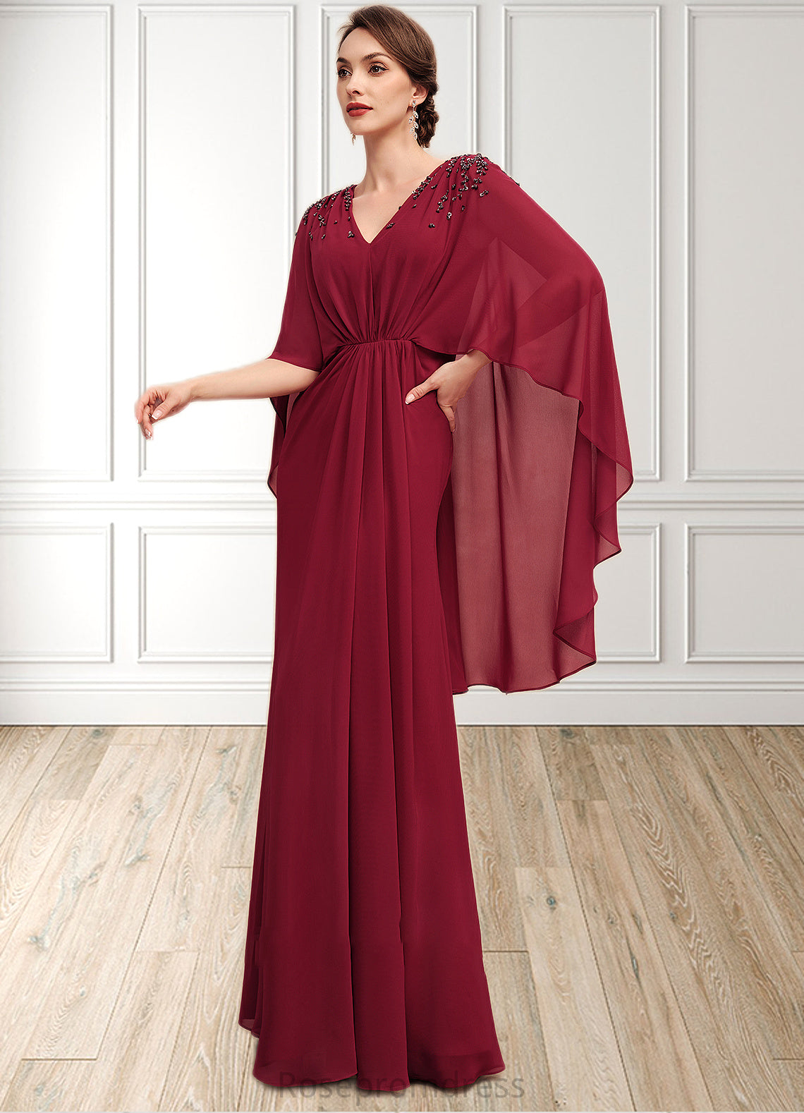 Mariana A-Line V-neck Floor-Length Chiffon Mother of the Bride Dress With Ruffle Beading Sequins SRS126P0014833