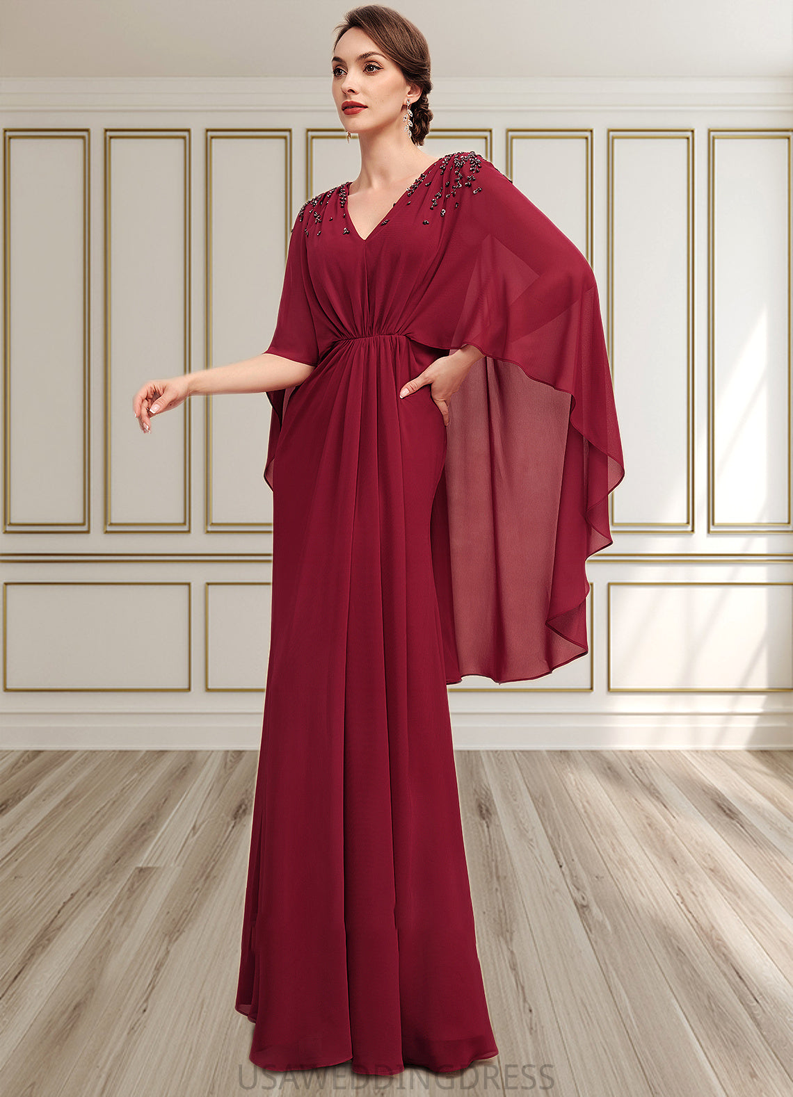 Paityn A-Line V-neck Floor-Length Chiffon Mother of the Bride Dress With Ruffle Beading Sequins DS126P0014833