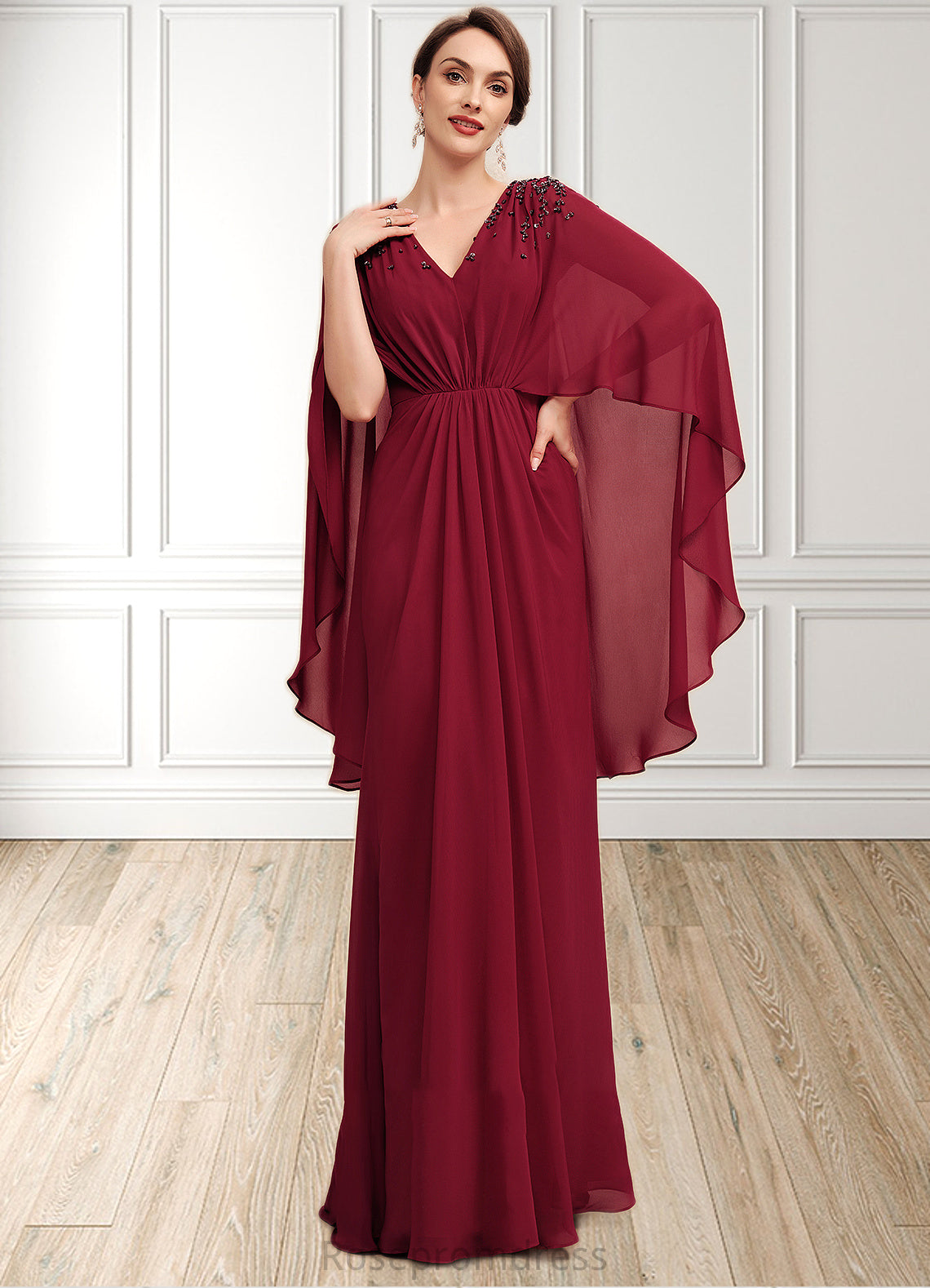 Mariana A-Line V-neck Floor-Length Chiffon Mother of the Bride Dress With Ruffle Beading Sequins SRS126P0014833