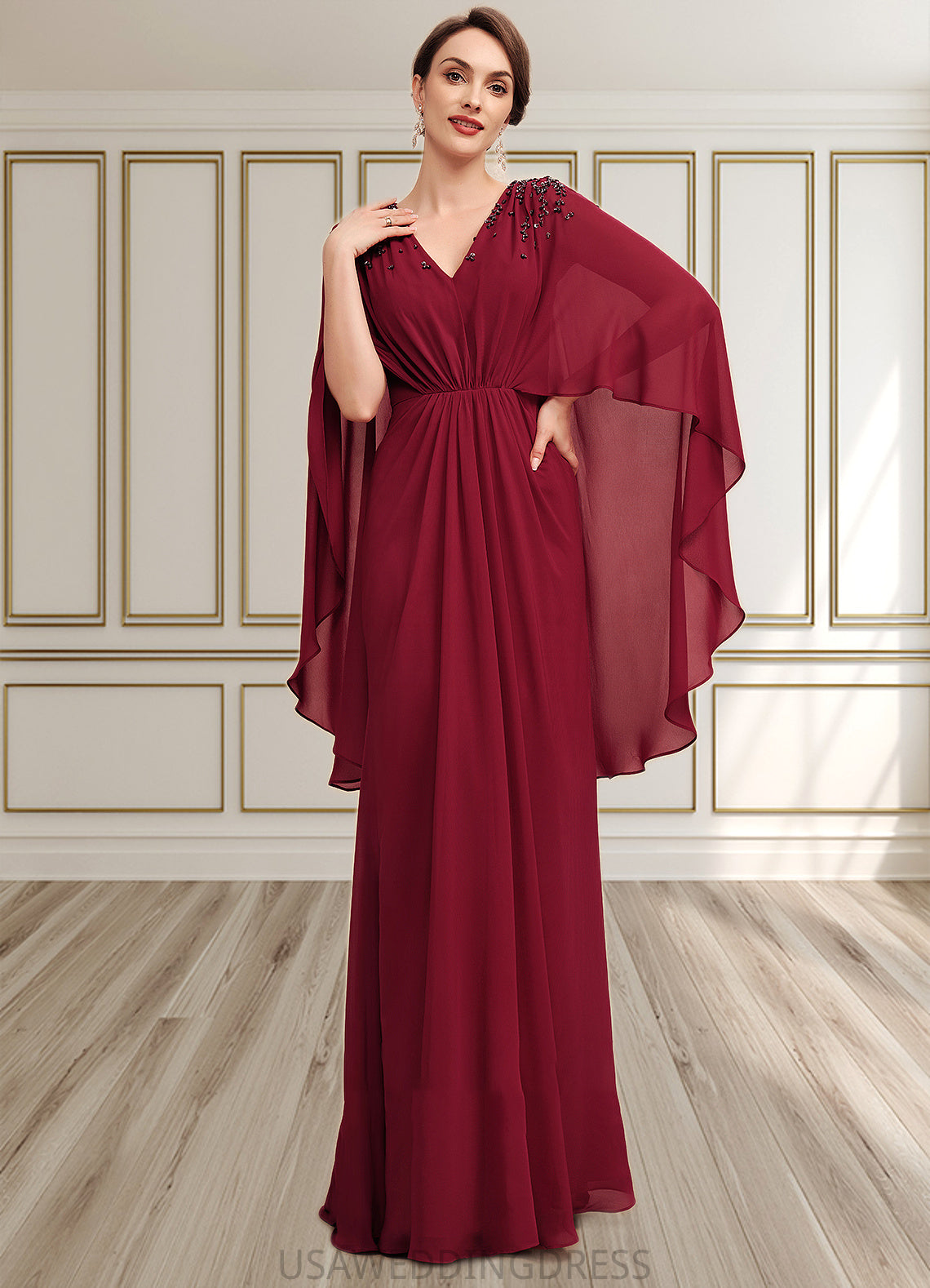 Paityn A-Line V-neck Floor-Length Chiffon Mother of the Bride Dress With Ruffle Beading Sequins DS126P0014833