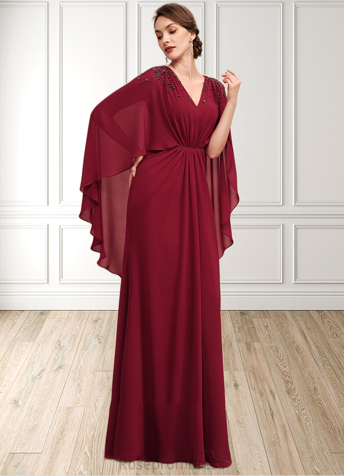 Mariana A-Line V-neck Floor-Length Chiffon Mother of the Bride Dress With Ruffle Beading Sequins SRS126P0014833