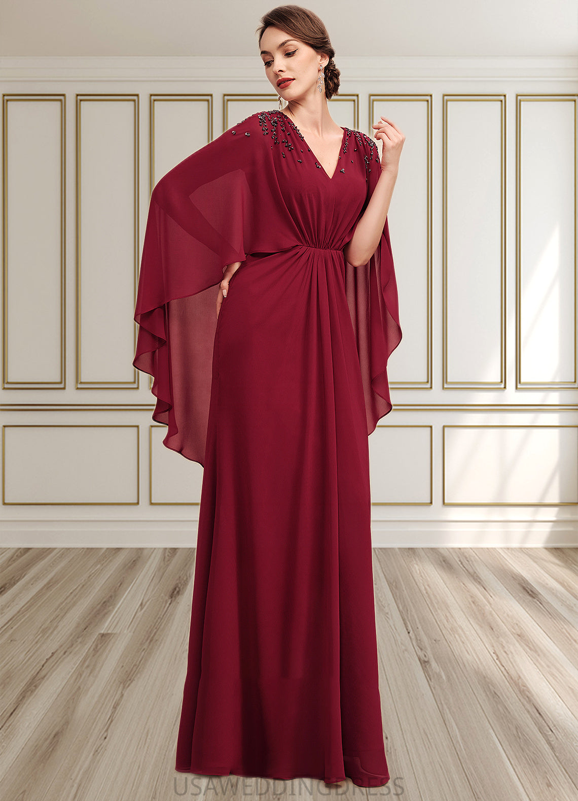 Paityn A-Line V-neck Floor-Length Chiffon Mother of the Bride Dress With Ruffle Beading Sequins DS126P0014833