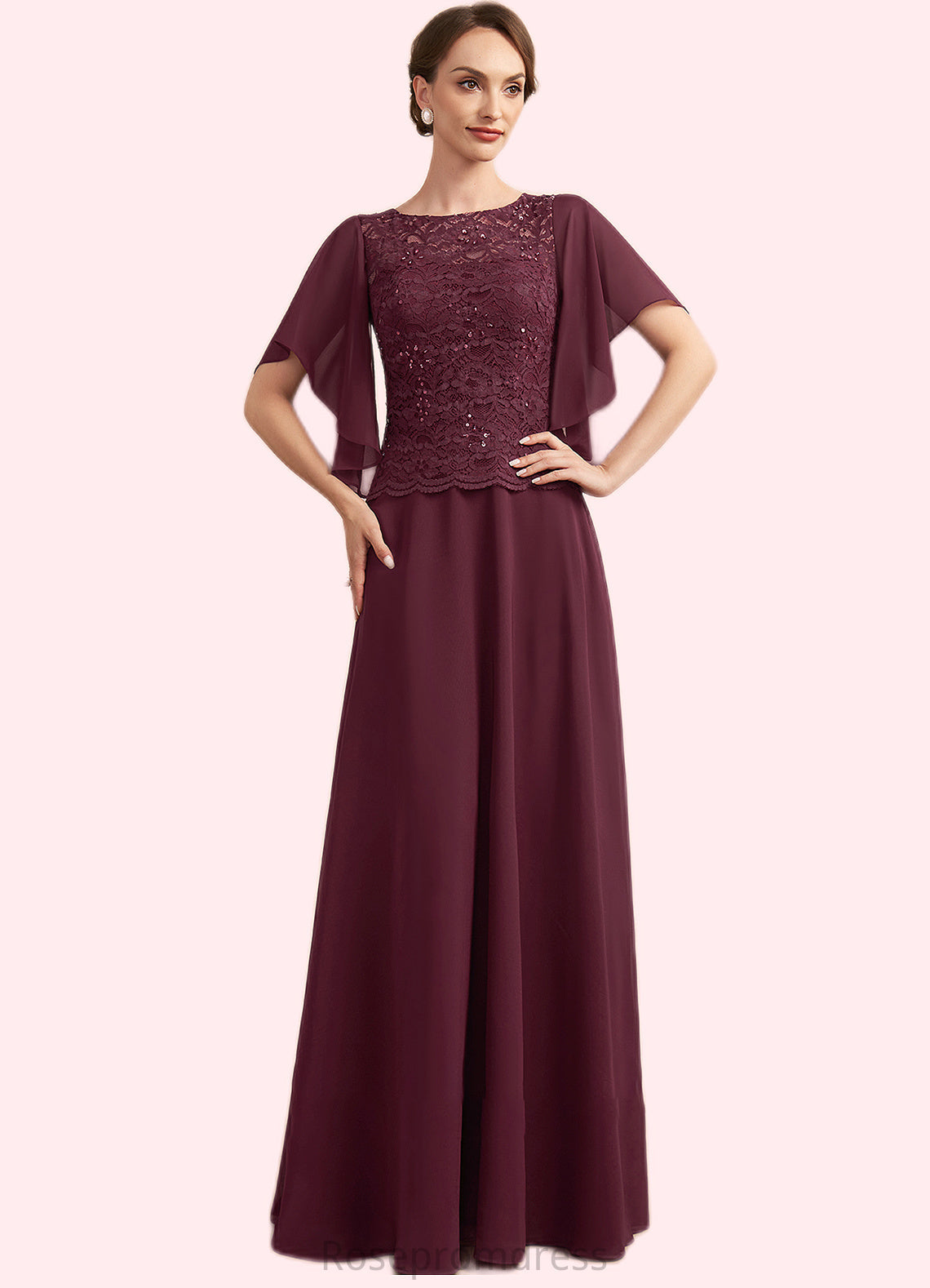 Rosemary A-Line Scoop Neck Floor-Length Chiffon Lace Mother of the Bride Dress With Sequins SRS126P0014834