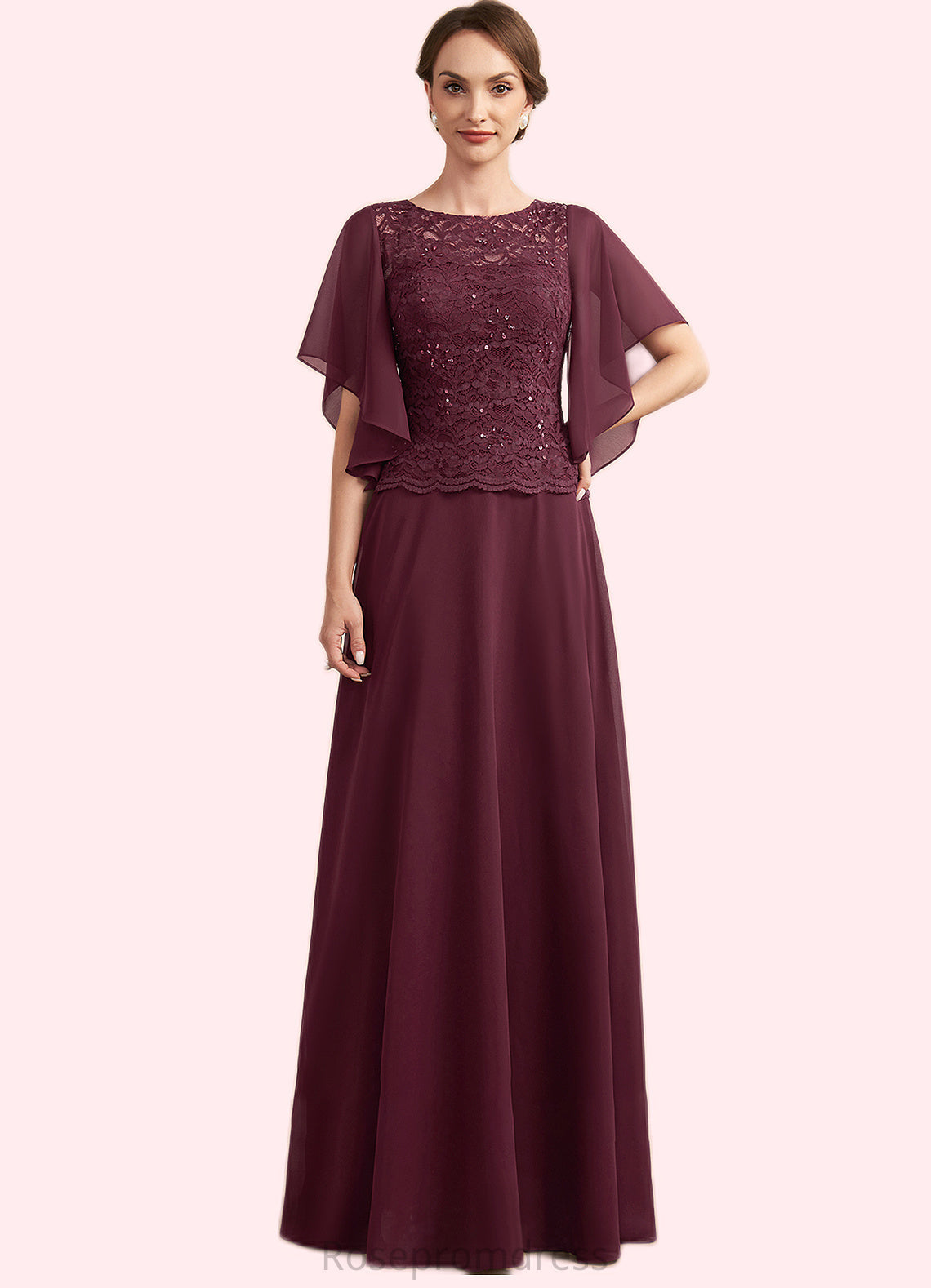 Rosemary A-Line Scoop Neck Floor-Length Chiffon Lace Mother of the Bride Dress With Sequins SRS126P0014834
