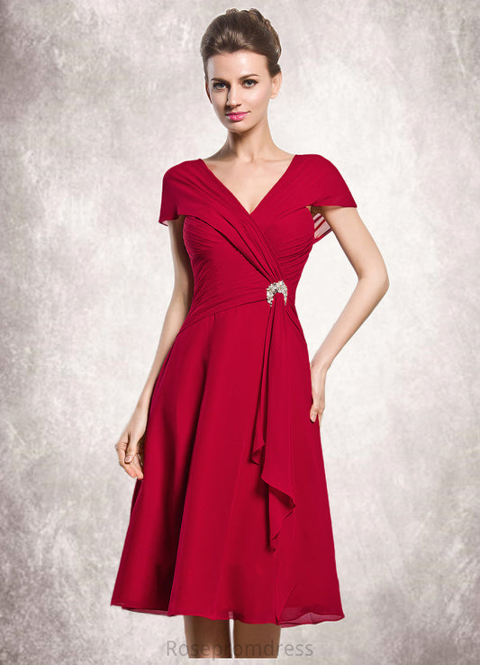 Alissa A-Line V-neck Knee-Length Chiffon Mother of the Bride Dress With Beading Sequins Cascading Ruffles SRS126P0014835