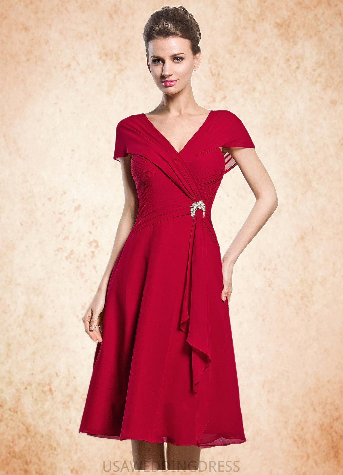 Chasity A-Line V-neck Knee-Length Chiffon Mother of the Bride Dress With Beading Sequins Cascading Ruffles DS126P0014835