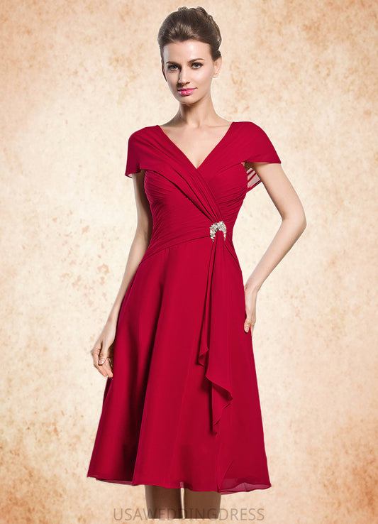 Chasity A-Line V-neck Knee-Length Chiffon Mother of the Bride Dress With Beading Sequins Cascading Ruffles DS126P0014835
