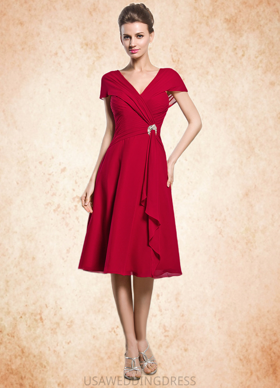 Chasity A-Line V-neck Knee-Length Chiffon Mother of the Bride Dress With Beading Sequins Cascading Ruffles DS126P0014835