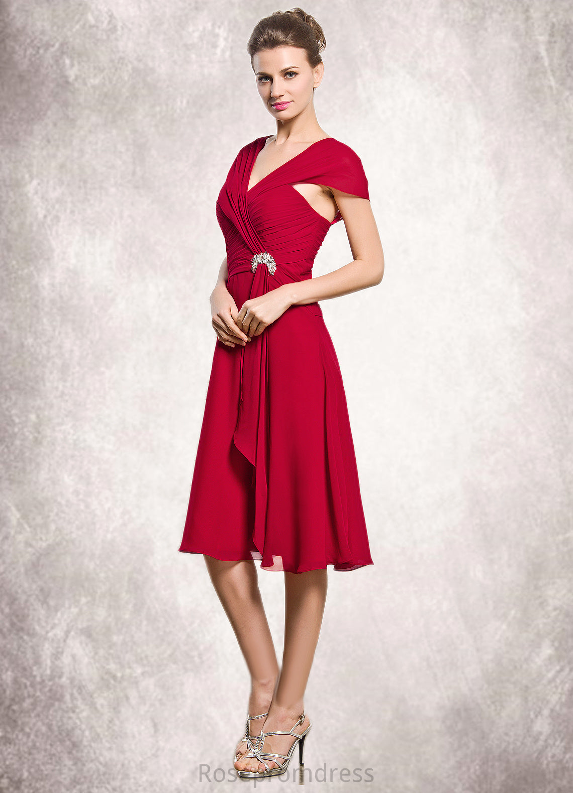 Alissa A-Line V-neck Knee-Length Chiffon Mother of the Bride Dress With Beading Sequins Cascading Ruffles SRS126P0014835
