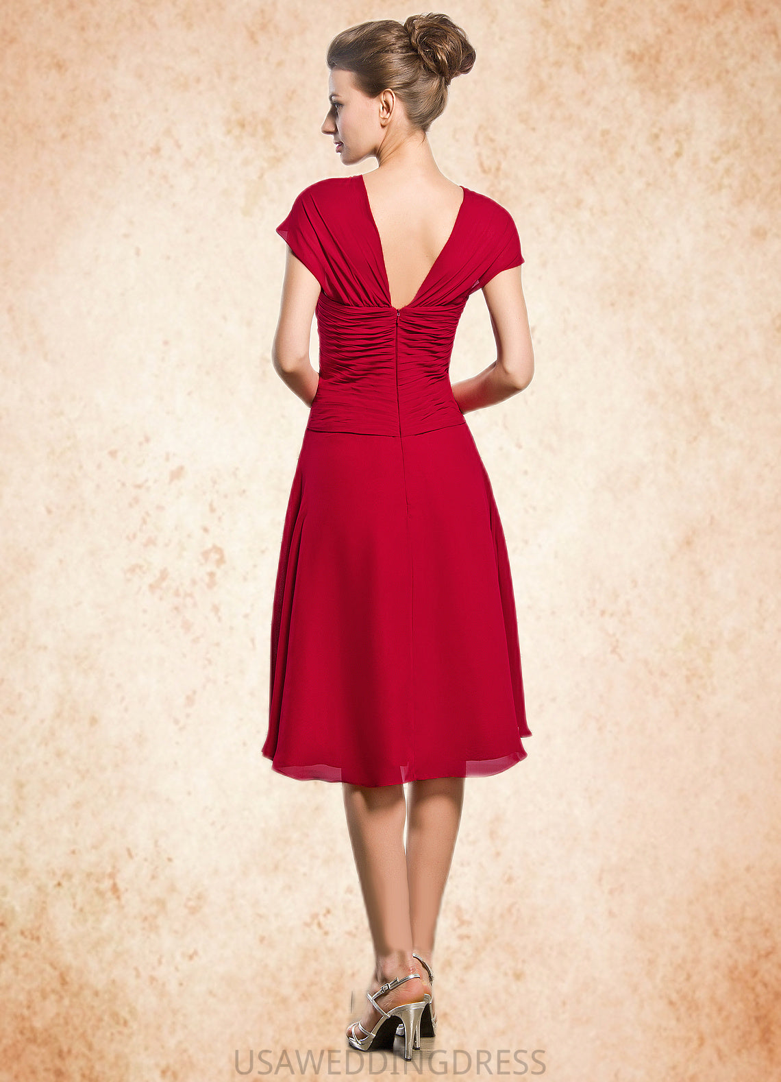 Chasity A-Line V-neck Knee-Length Chiffon Mother of the Bride Dress With Beading Sequins Cascading Ruffles DS126P0014835