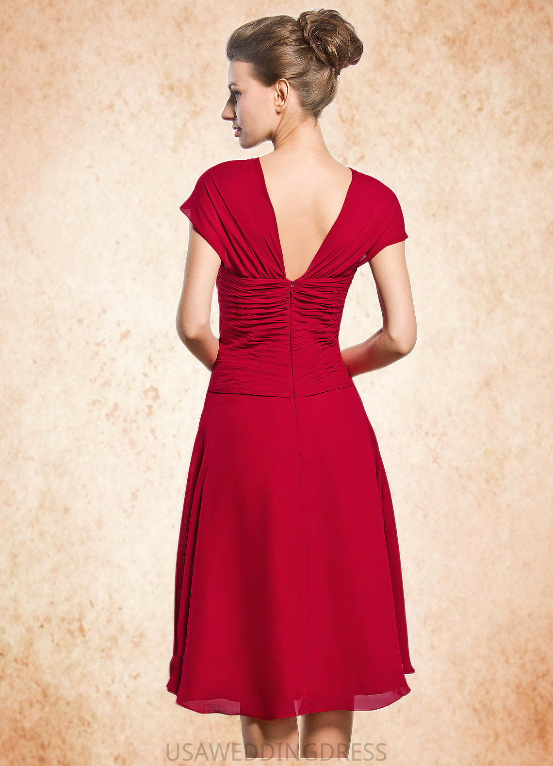 Chasity A-Line V-neck Knee-Length Chiffon Mother of the Bride Dress With Beading Sequins Cascading Ruffles DS126P0014835