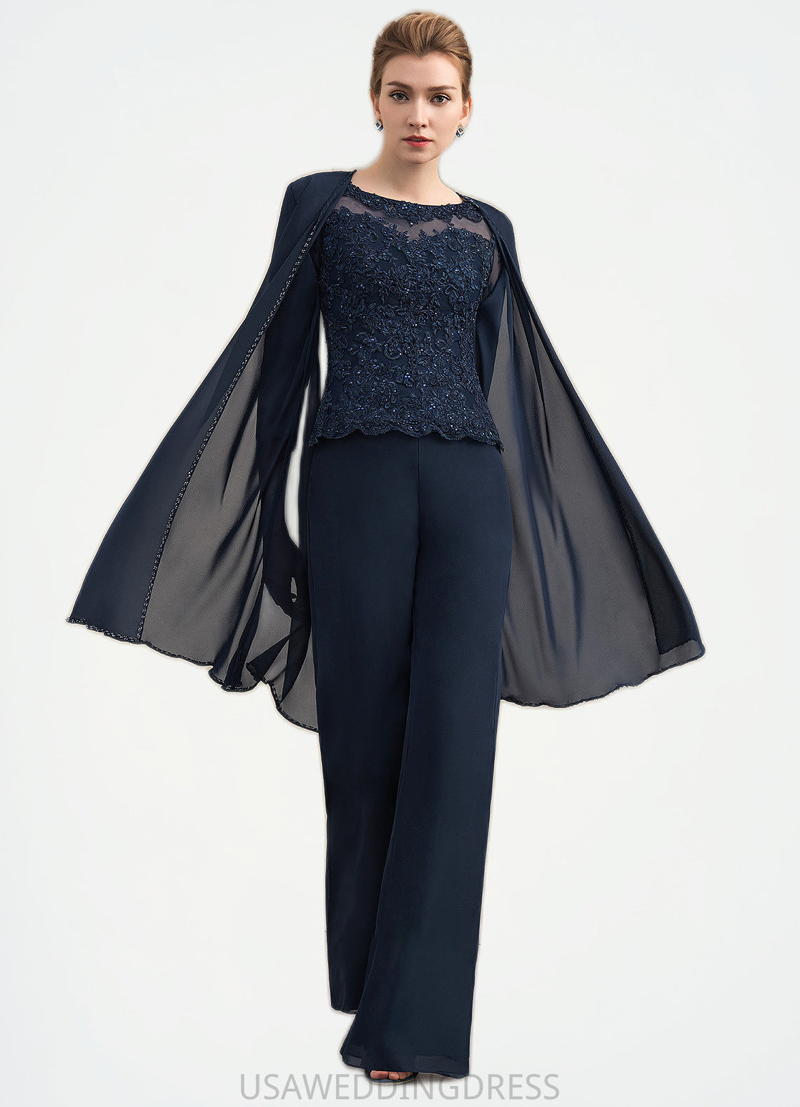 Talia Jumpsuit/Pantsuit Scoop Neck Floor-Length Chiffon Lace Mother of the Bride Dress With Beading DS126P0014836