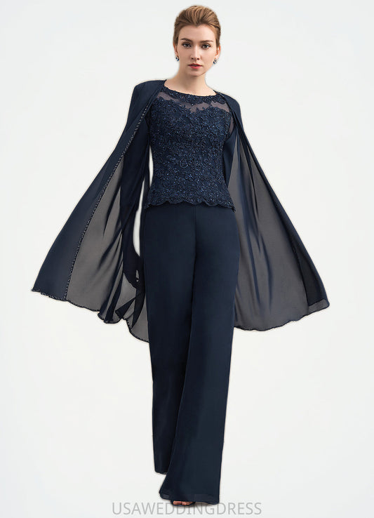 Talia Jumpsuit/Pantsuit Scoop Neck Floor-Length Chiffon Lace Mother of the Bride Dress With Beading DS126P0014836