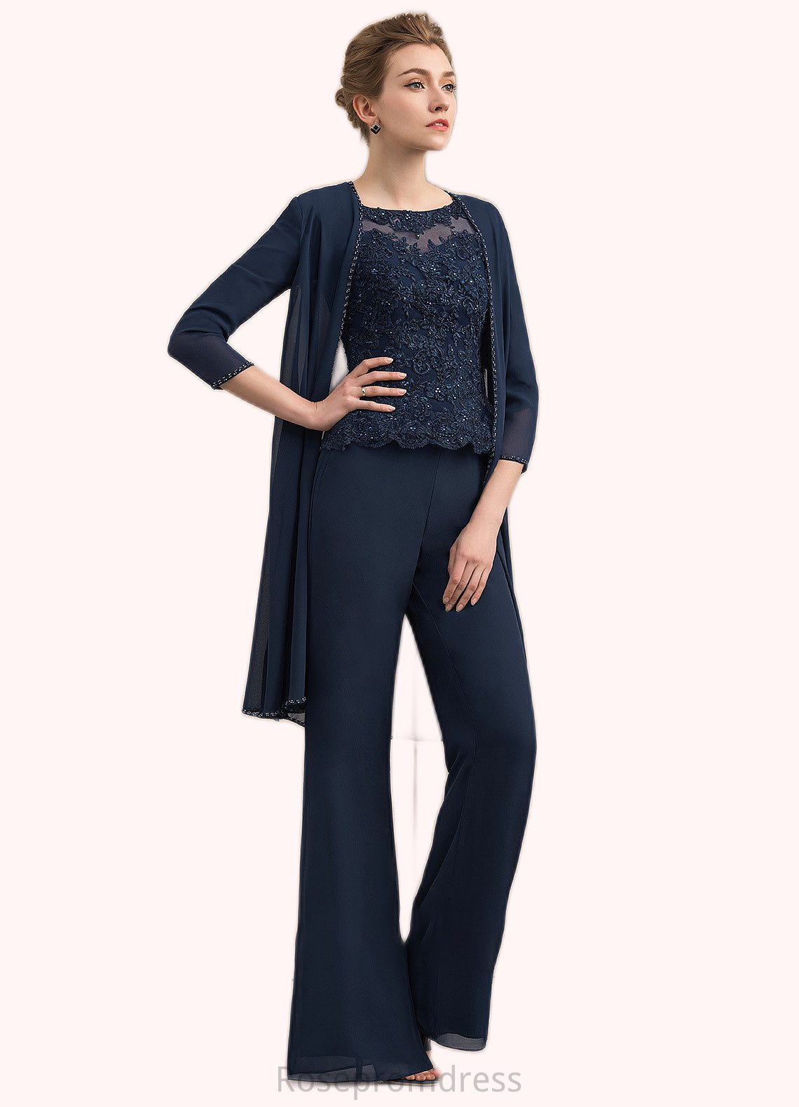 Tori Jumpsuit/Pantsuit Scoop Neck Floor-Length Chiffon Lace Mother of the Bride Dress With Beading SRS126P0014836